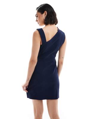 ASOS DESIGN ruched mini dress with asymmetric neck in navy | ASOS