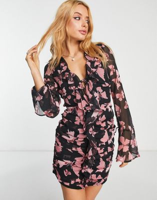 ASOS DESIGN ruched mini dress with fluted sleeves in butterfly print | ASOS