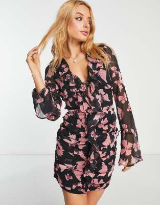 Asos Design Ruched Mini Dress With Fluted Sleeves In Butterfly Print-multi