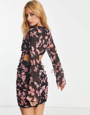 ASOS DESIGN ruched mini dress with fluted sleeves in butterfly print | ASOS