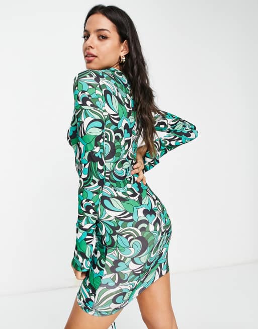 ASOS DESIGN ruched mini shirt dress in blue and green retro print