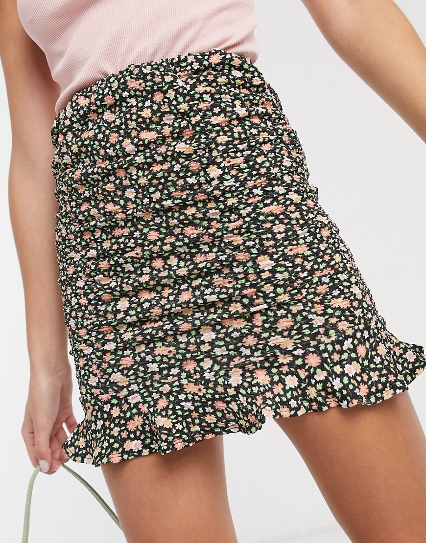 Asos Design Ruched Mini Skirt In Floral Print-multi