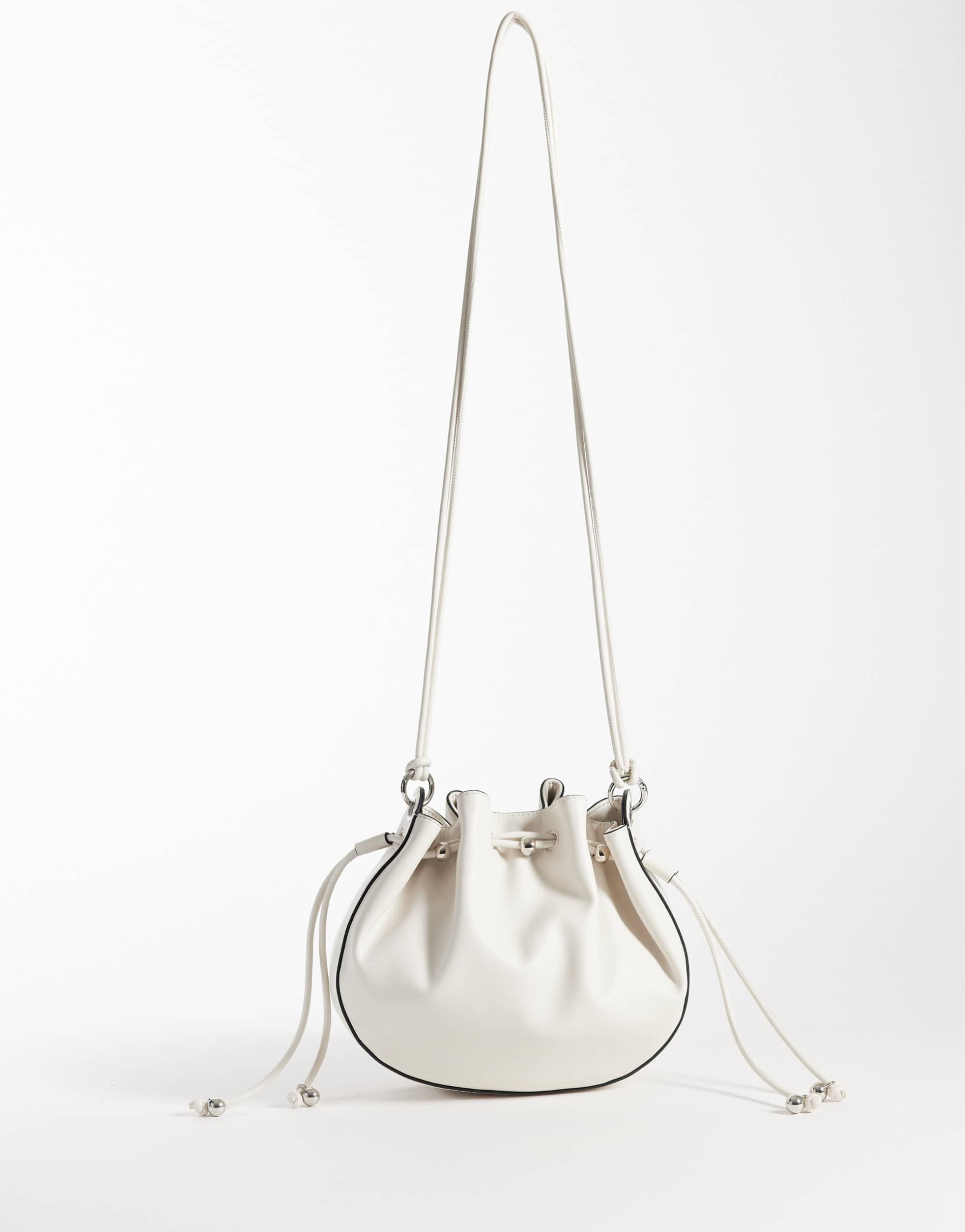 asos design ruched multi strap bucket shoulder bag with beaded detailing in off white