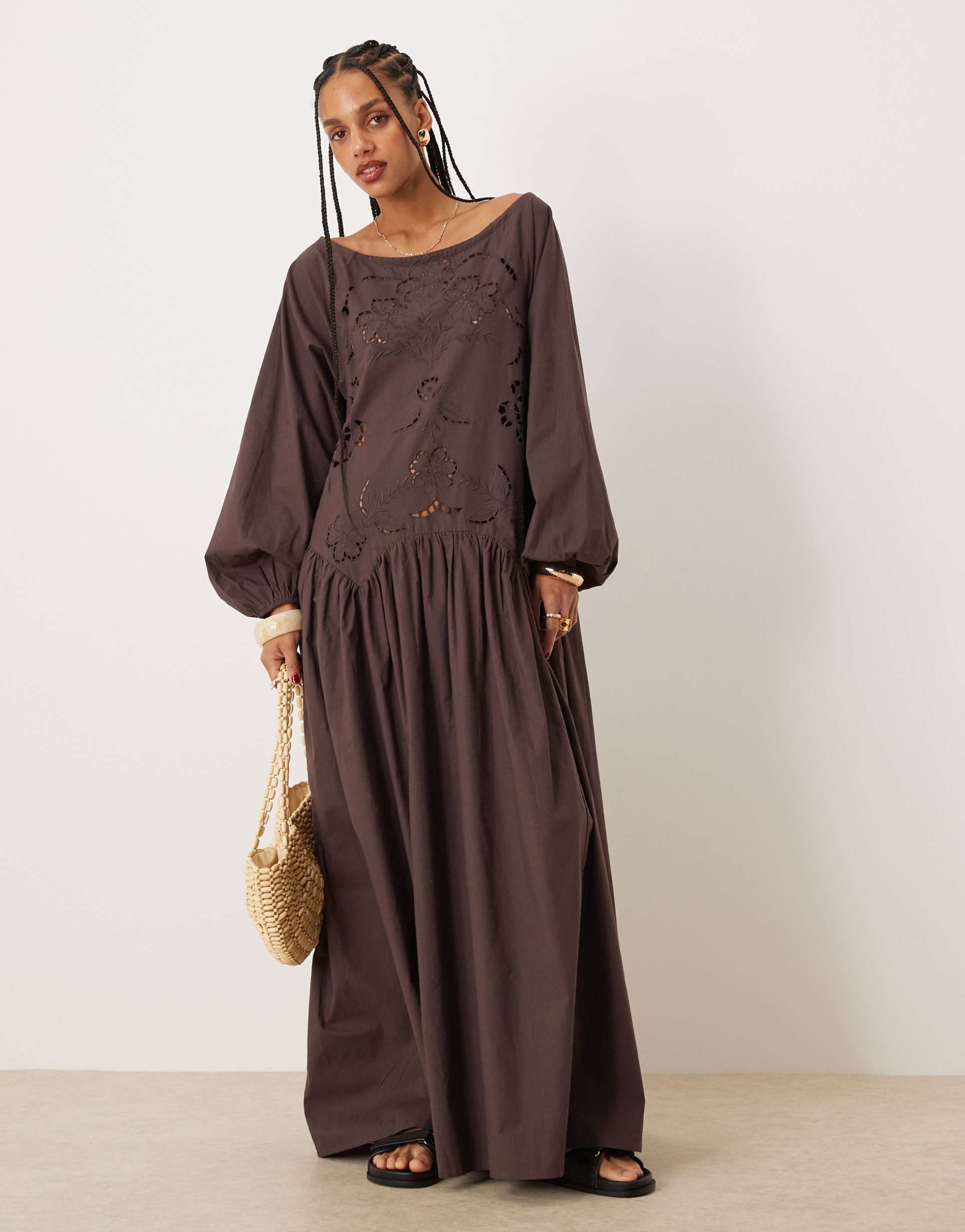 asos design ruched neck dropped waist maxi dress with floral cutwork in chocolate
