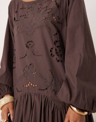 ASOS DESIGN ruched neck dropped waist maxi dress with floral cutwork in chocolate