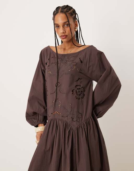 ASOS DESIGN ruched neck dropped waist maxi dress with floral cutwork in chocolate, 3 of 4