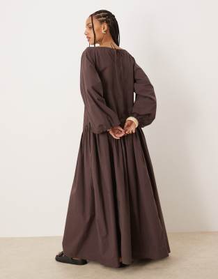 ASOS DESIGN ruched neck dropped waist maxi dress with floral cutwork in chocolate