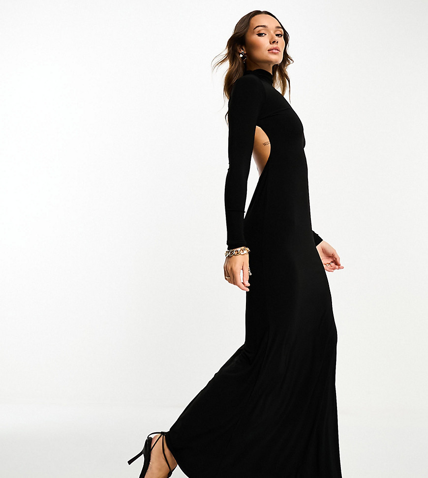 ASOS DESIGN ruched neck maxi dress with curved back cut out in black