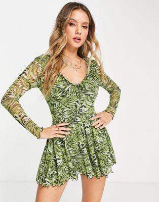 ASOS DESIGN ruched neck mesh playsuit in green marble animal