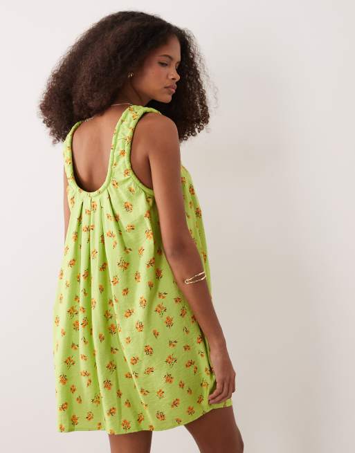 ASOS DESIGN ruched neck mini sundress in green floral print performance fabric, 4 of 4