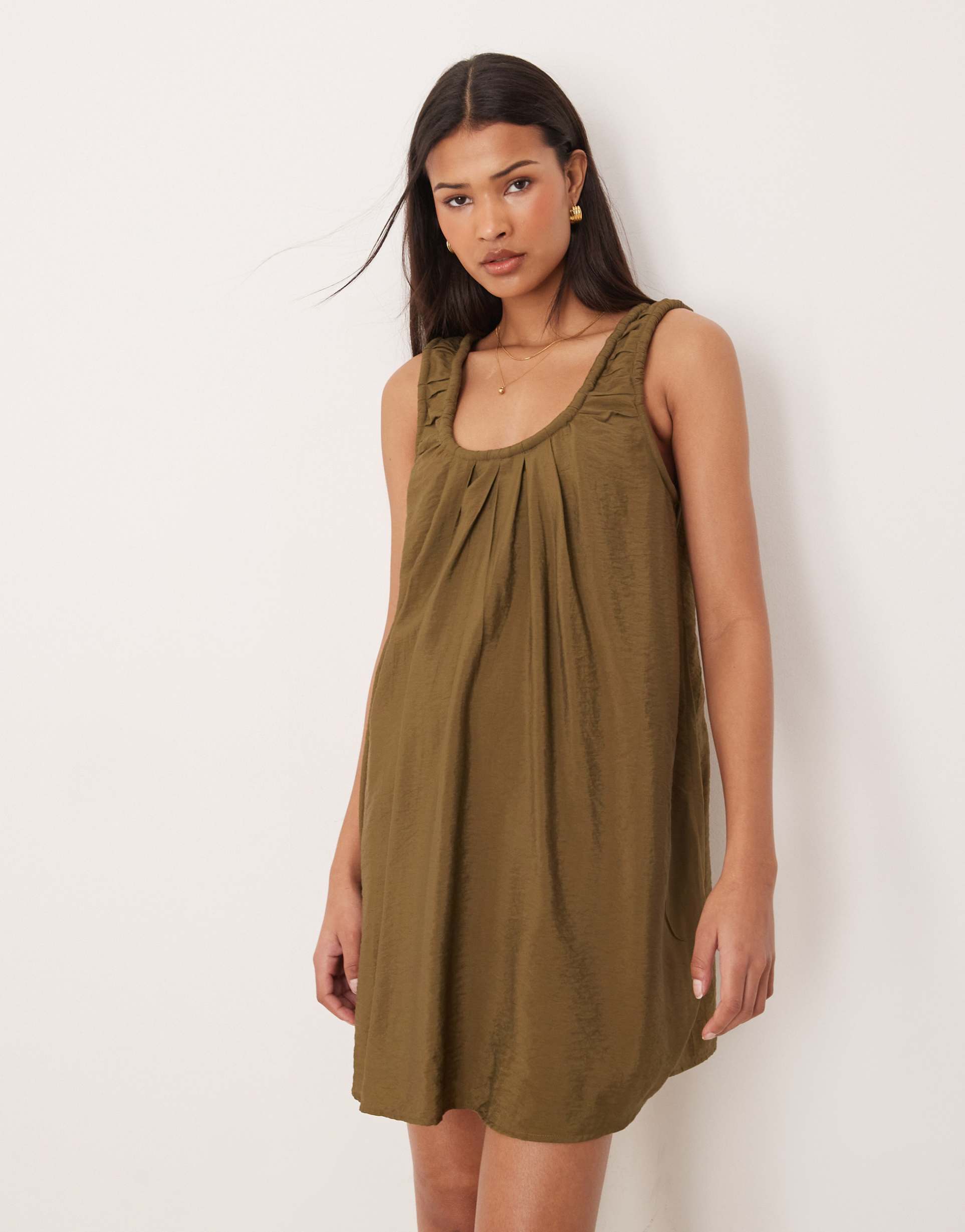 asos design ruched neck mini sundress in olive performance fabric