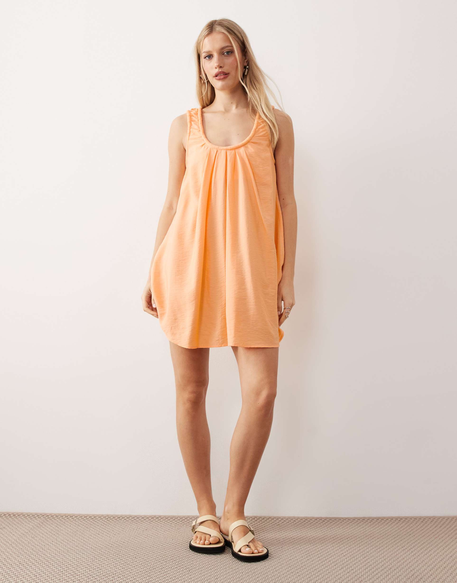 asos design ruched neck mini sundress in orange spritz performance fabric