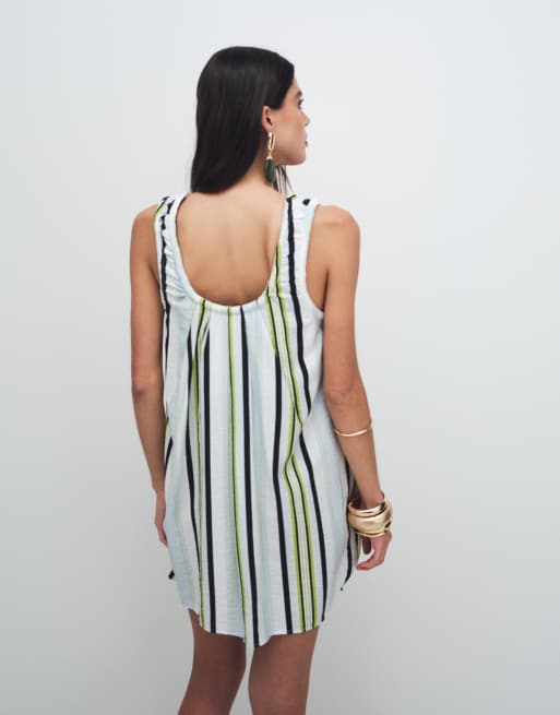 ASOS DESIGN ruched neck mini sundress in techy fabric in blue stripe, 4 of 8