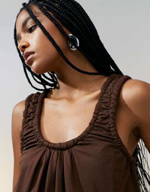 ASOS DESIGN ruched neckline detail tank top in chocolate