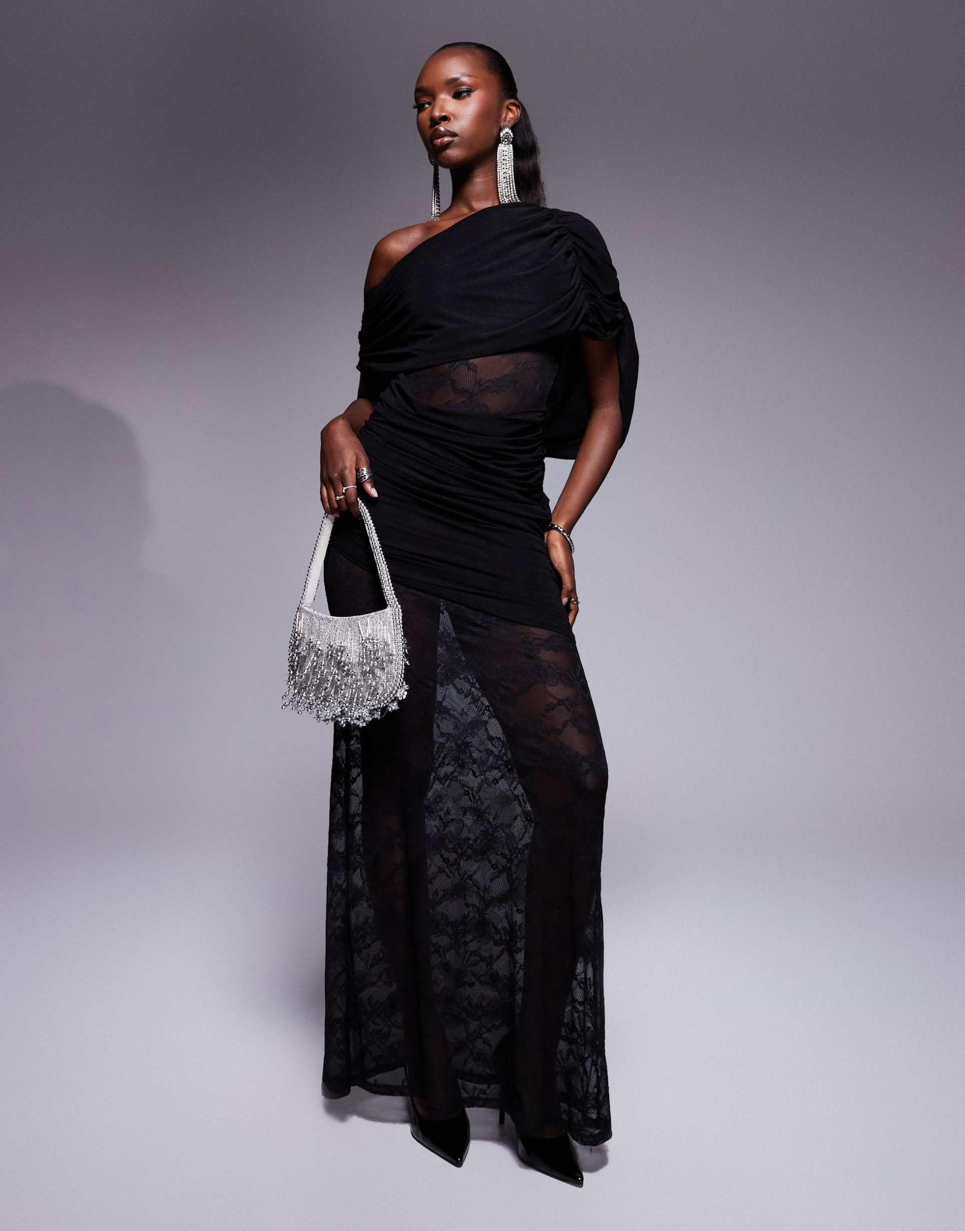 asos design ruched off shoulder maxi dress with lace inserts in black