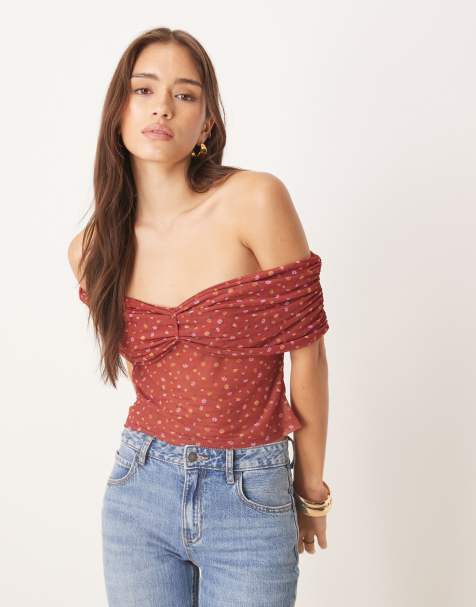 ASOS DESIGN ruched off shoulder mesh top in ditsy print - view 1