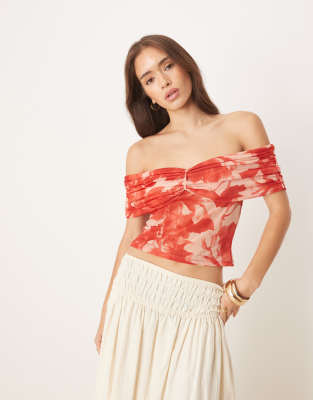 ASOS DESIGN ruched off shoulder mesh top in red floral print