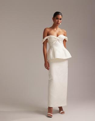 Asos Design Ruched Off Shoulder Structured Midaxi Wedding Dress In Ivory-white