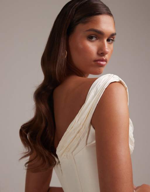 ASOS DESIGN ruched off shoulder structured midaxi wedding dress in ivory