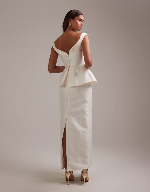 ASOS DESIGN ruched off shoulder structured midaxi wedding dress in ivory |  ASOS