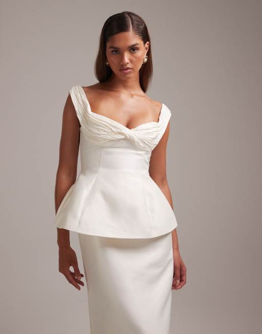 ASOS DESIGN ruched off shoulder structured midaxi wedding dress in ivory