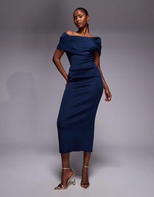 knee length dresses for ladies Freya Puff Sleeve Wrap Neck Ruched Midi Navy  Girl In Mind