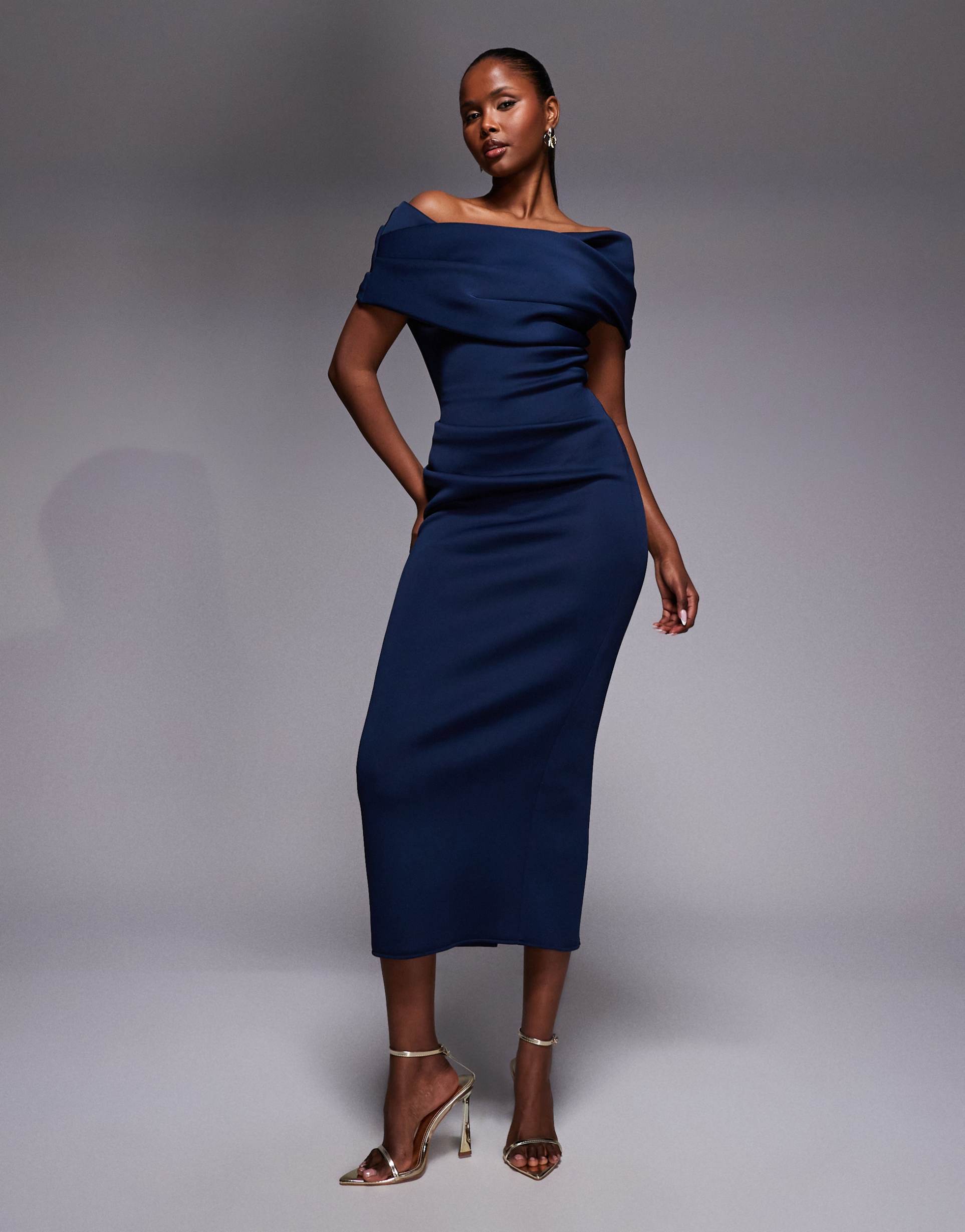 asos design ruched off the shoulder midi dress in navy scuba-style fabric