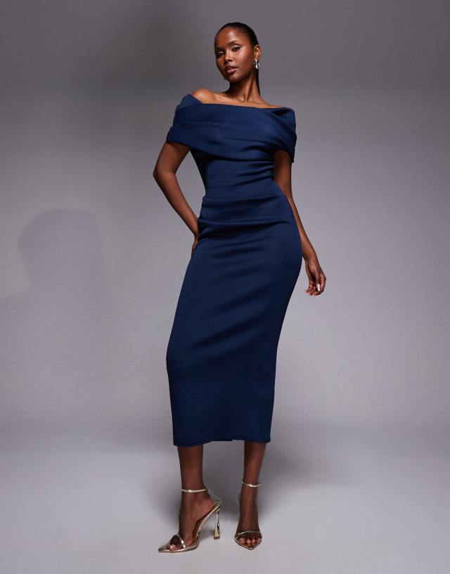 ASOS DESIGN ruched off the shoulder midi dress in navy scuba-style fabric |  ASOS