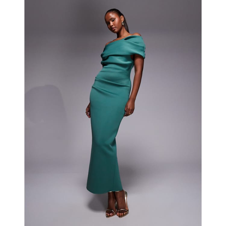 asos design fallen shoulder midi prom dress with tie detail ruched off the in teal scuba-style fabric Designer Maxi Dress | Silhouette_Tiered Skirt making it perfect for Size:XS (SIZE 0/2)