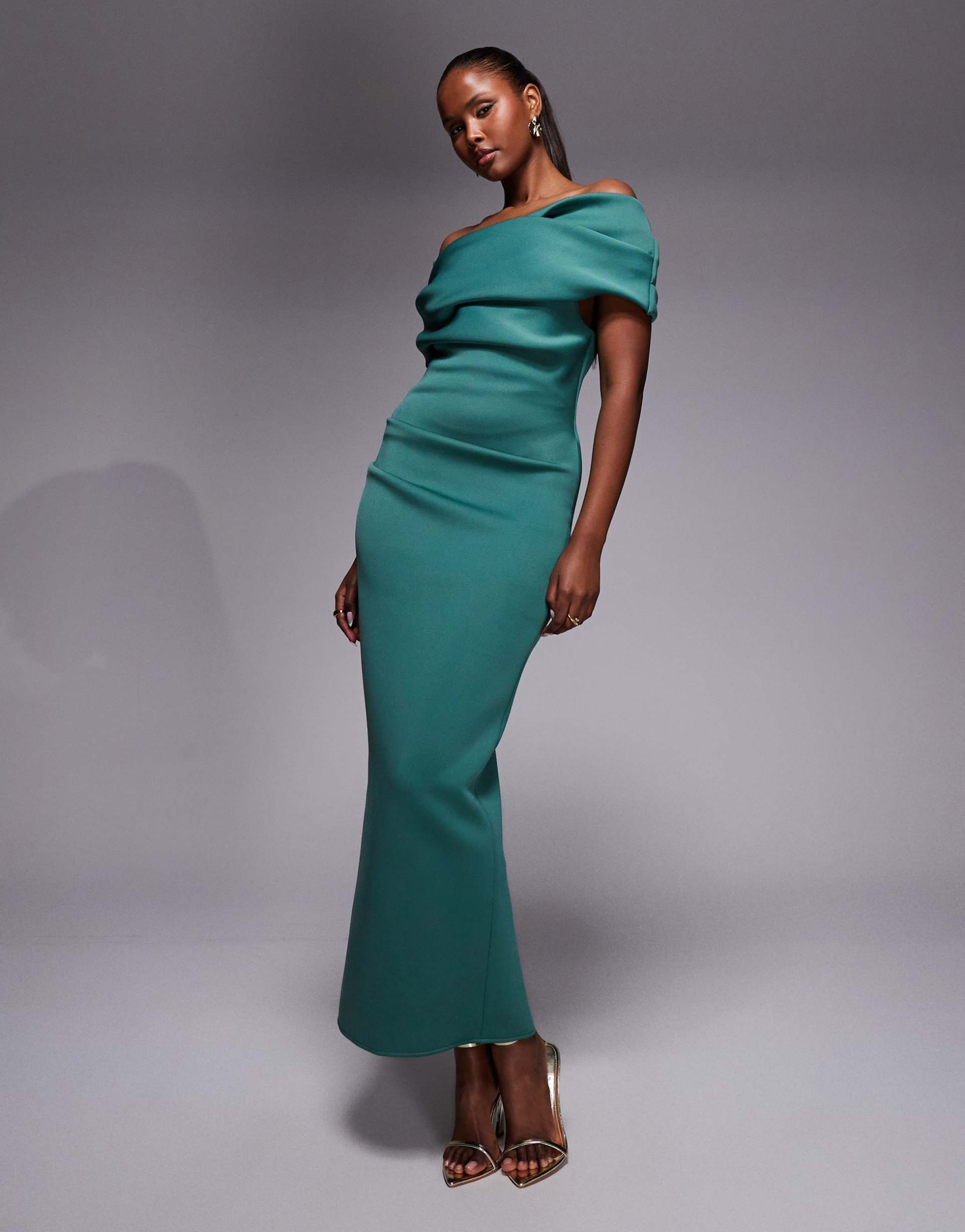 asos design ruched off the shoulder midi dress in teal scuba-style fabric