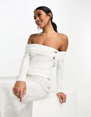 ASOS DESIGN ruched off the shoulder top with metal detail in ivory-White