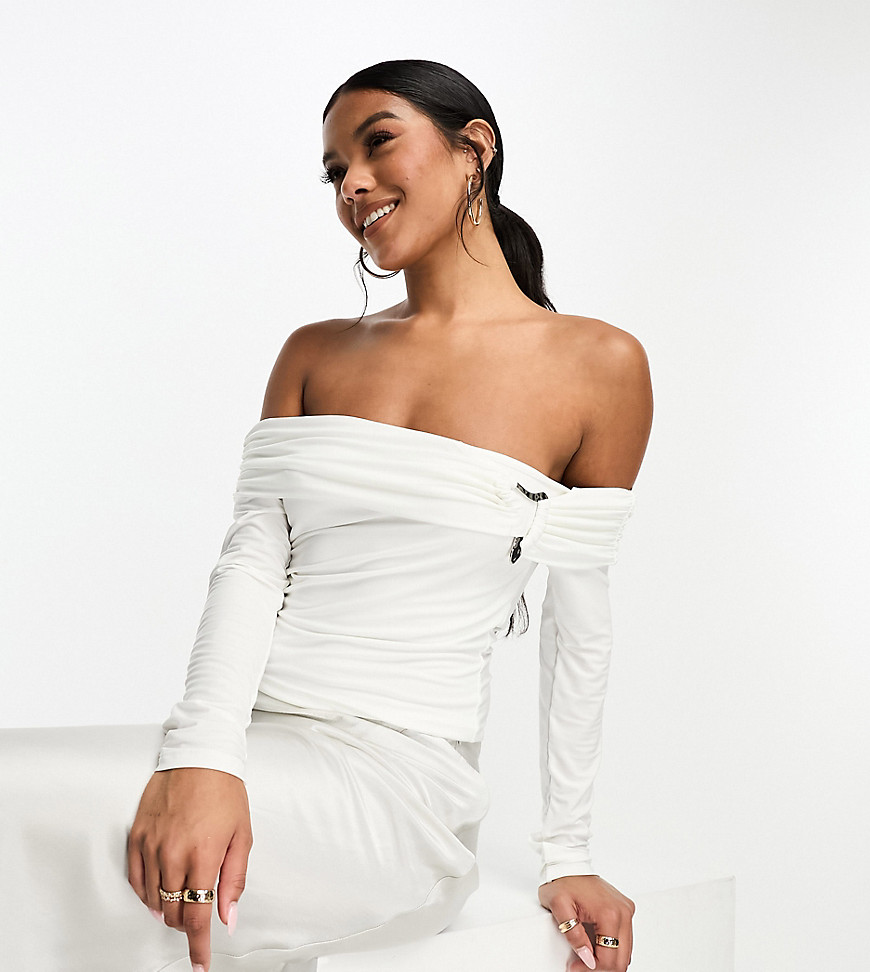 ASOS DESIGN ruched off the shoulder top with metal detail in ivory-White