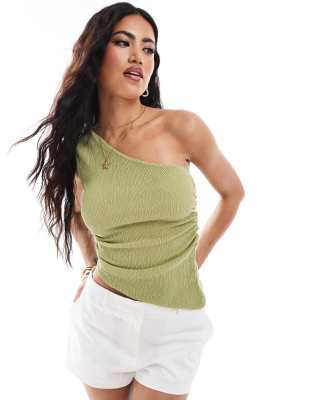 Asos Design Ruched One Shoulder Asymmetric Top In Olive-Green