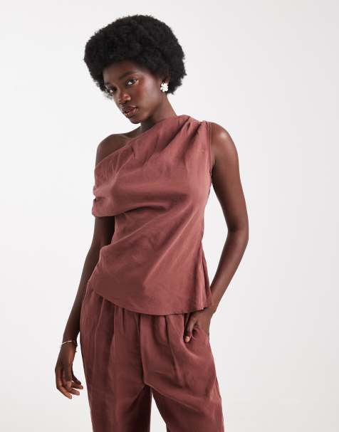 ASOS DESIGN ruched one shoulder co-ord top in brown - view 1