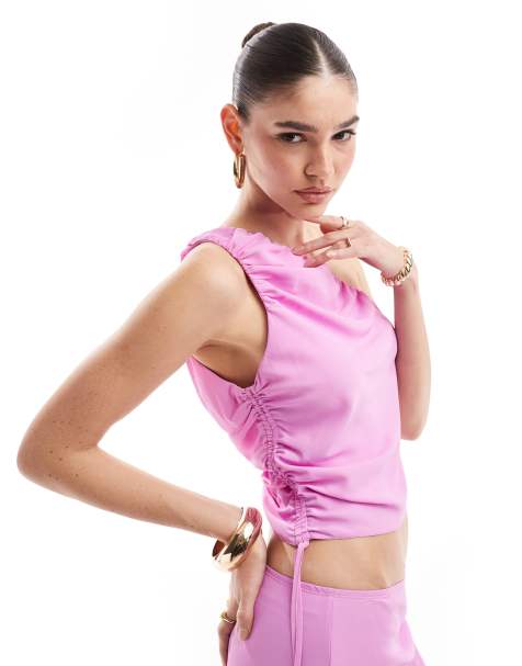 ASOS DESIGN ruched one shoulder detail top in lilac - part of a set - view 1