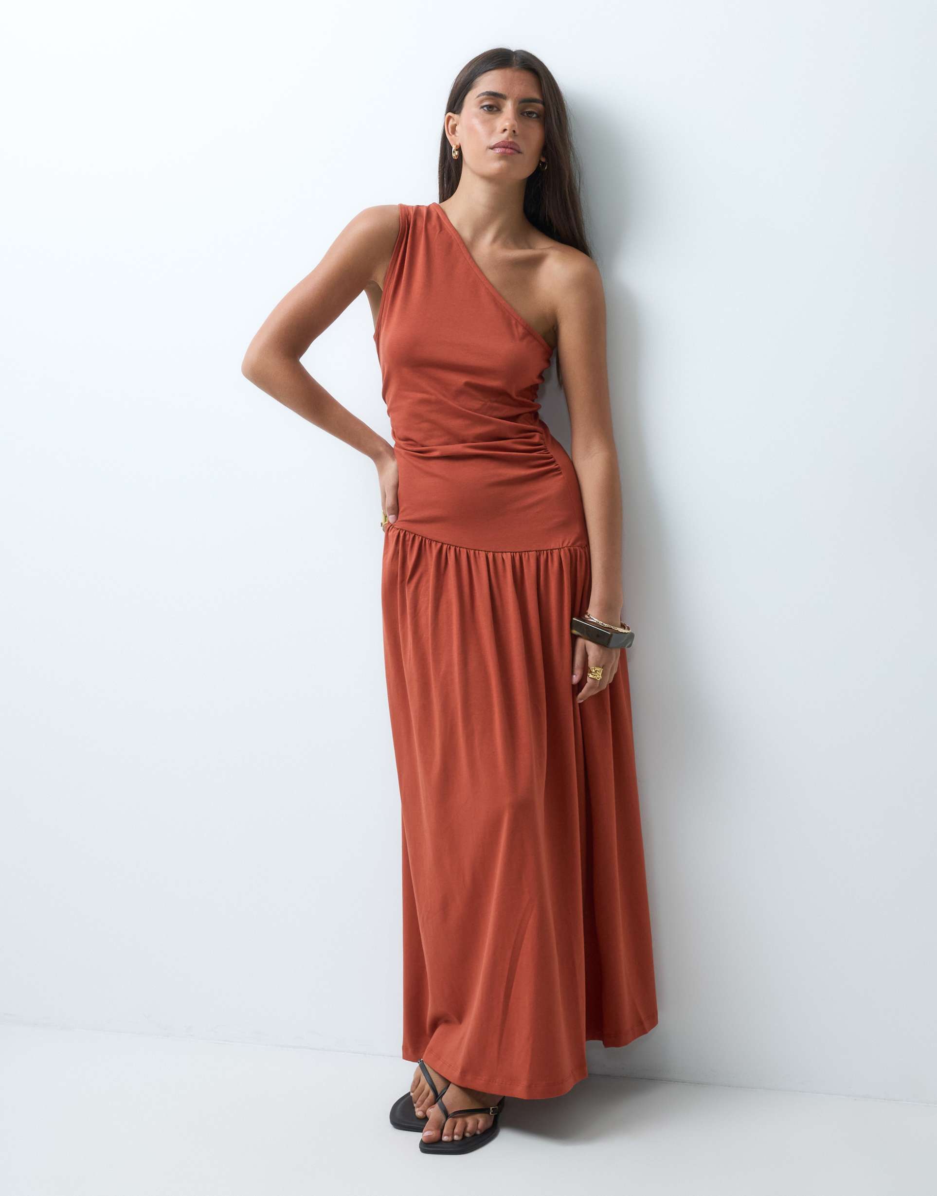 asos design ruched one shoulder dropped waist maxi dress in burnt red