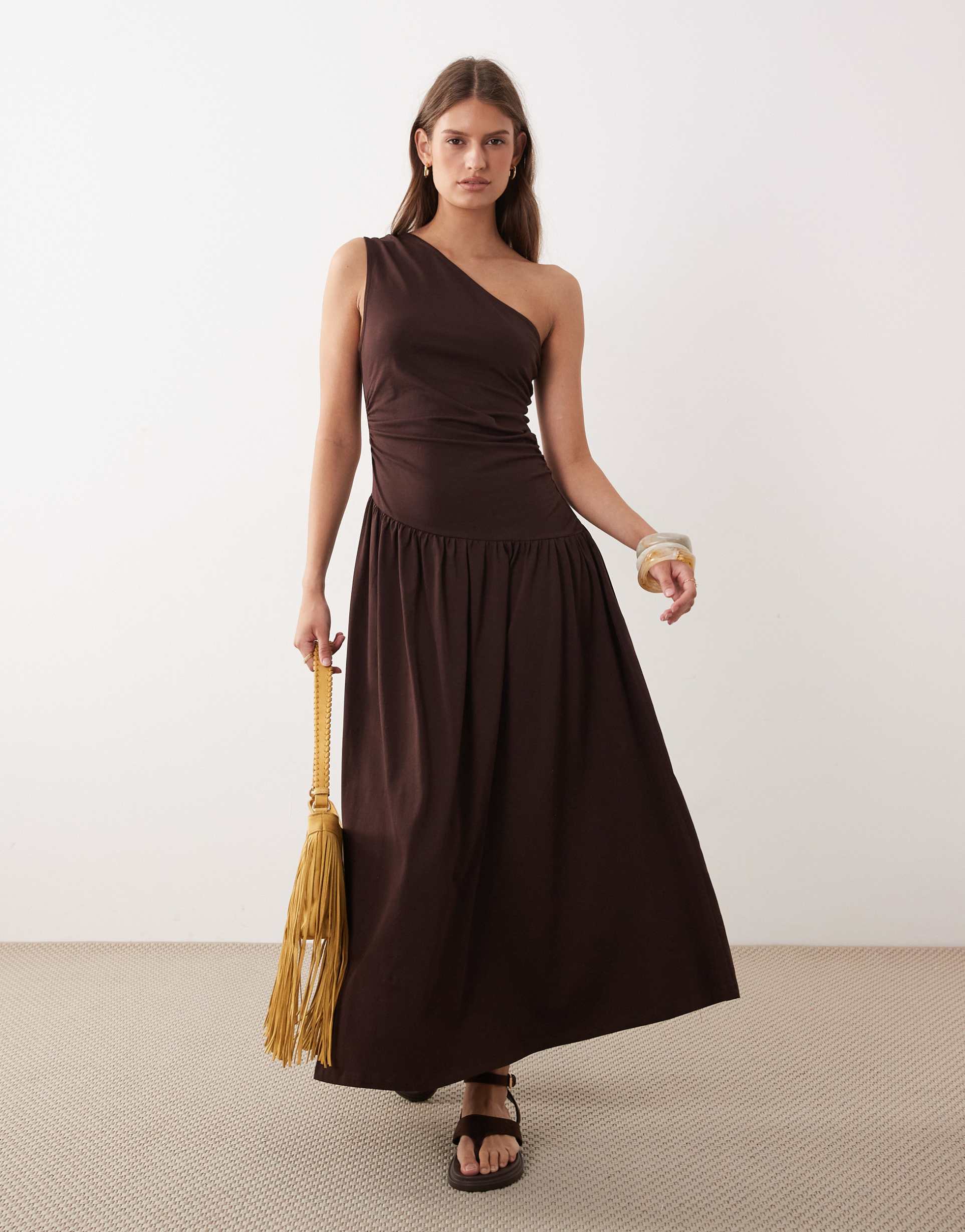 asos design ruched one shoulder dropped waist maxi dress in chocolate
