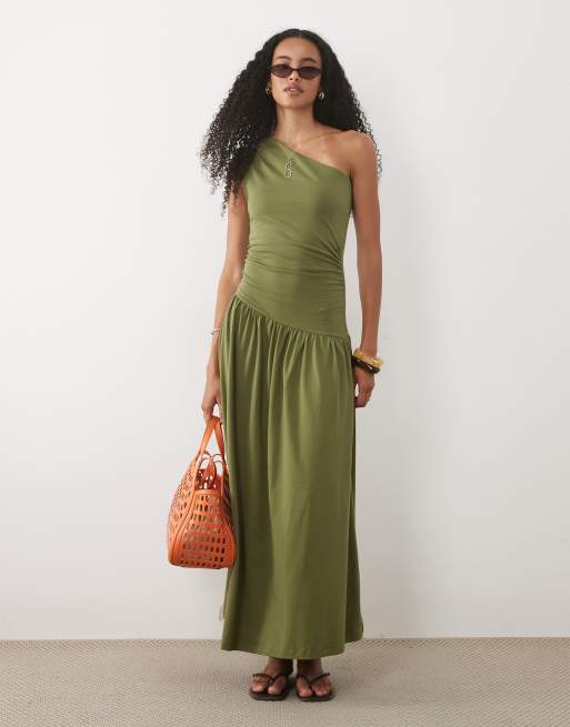 ASOS DESIGN ruched one-shoulder dropped waist maxi dress in khaki, 2 of 4