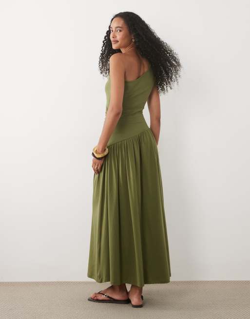 ASOS DESIGN ruched one-shoulder dropped waist maxi dress in khaki, 3 of 4