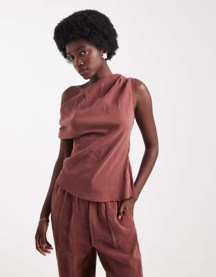 ruched one shoulder top in brown - part of a set-Black