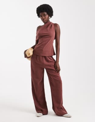 Asos Design Ruched One Shoulder Top In Brown