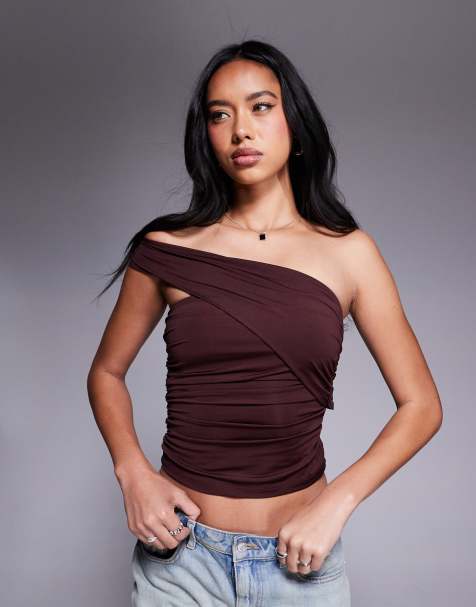 ASOS DESIGN ruched one shoulder top in brown - view 1