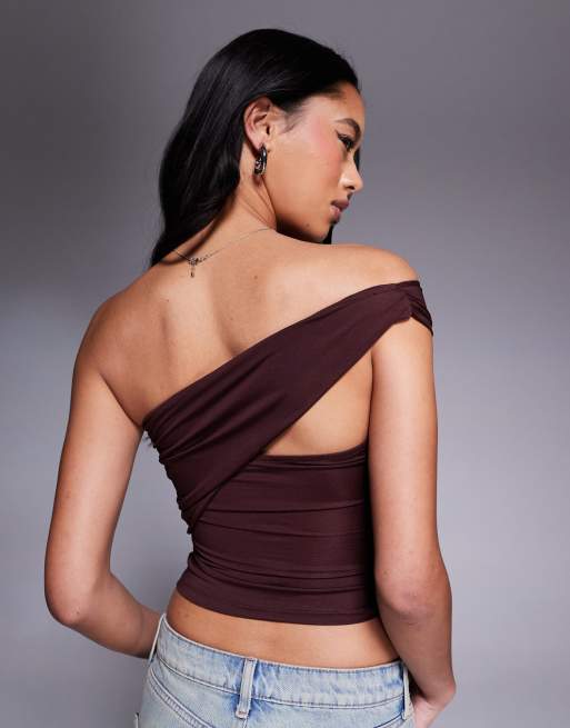 ASOS DESIGN ruched one shoulder top in brown, 2 of 4