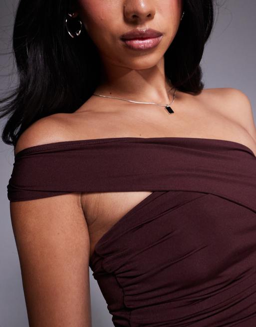 ASOS DESIGN ruched one shoulder top in brown, 3 of 4