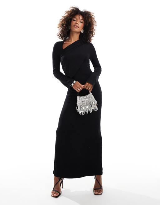 ASOS DESIGN ruched panel long sleeve maxi dress in black