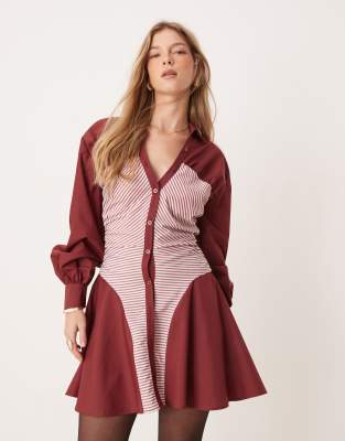 ASOS DESIGN ruched panel mini shirt dress in burgundy stripe mix-Red