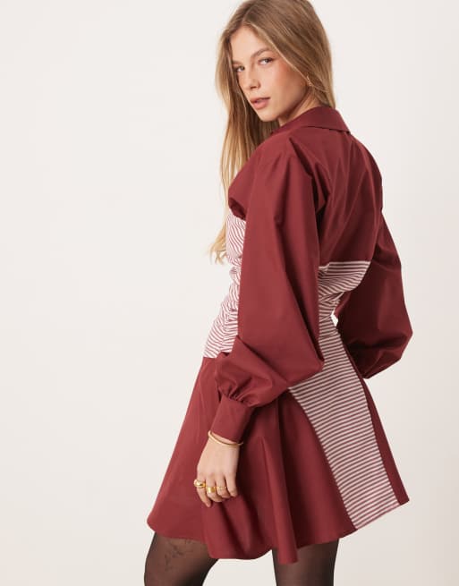 ASOS DESIGN ruched panel mini shirt dress in burgundy stripe mix