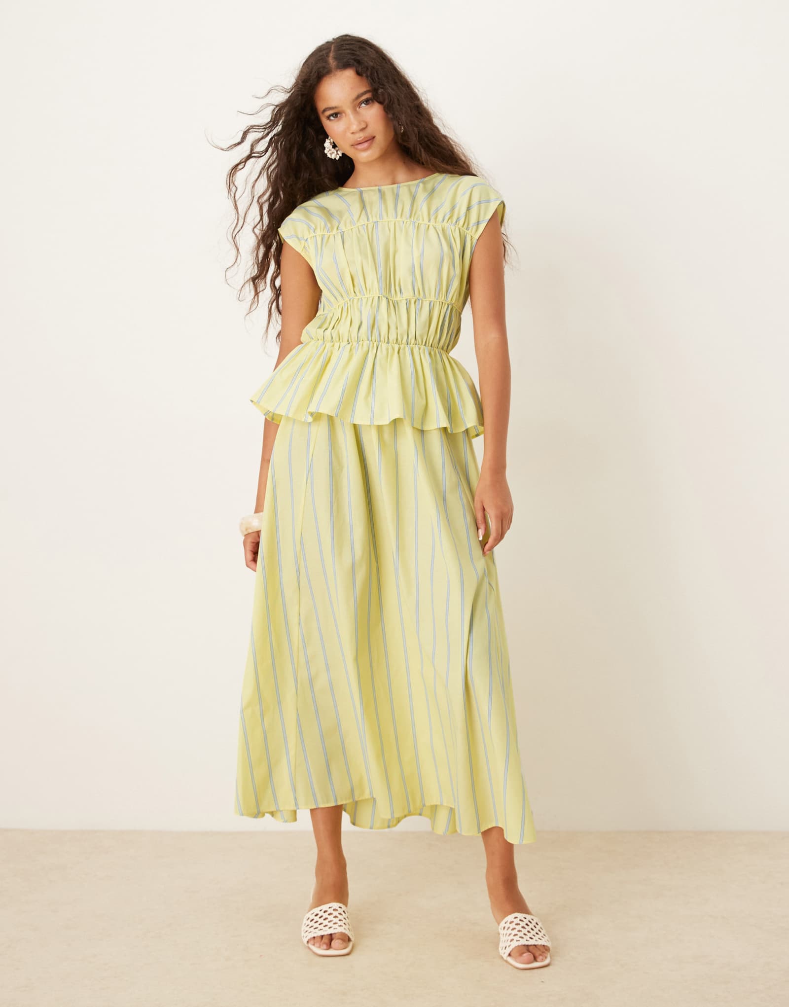 Дизайнерское платье миди с рюшами и вставками от ASOS в желтую полоску