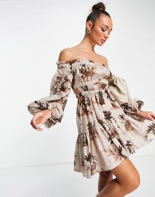 ASOS DESIGN ruched panelled off the shoulder mini dress in palm print