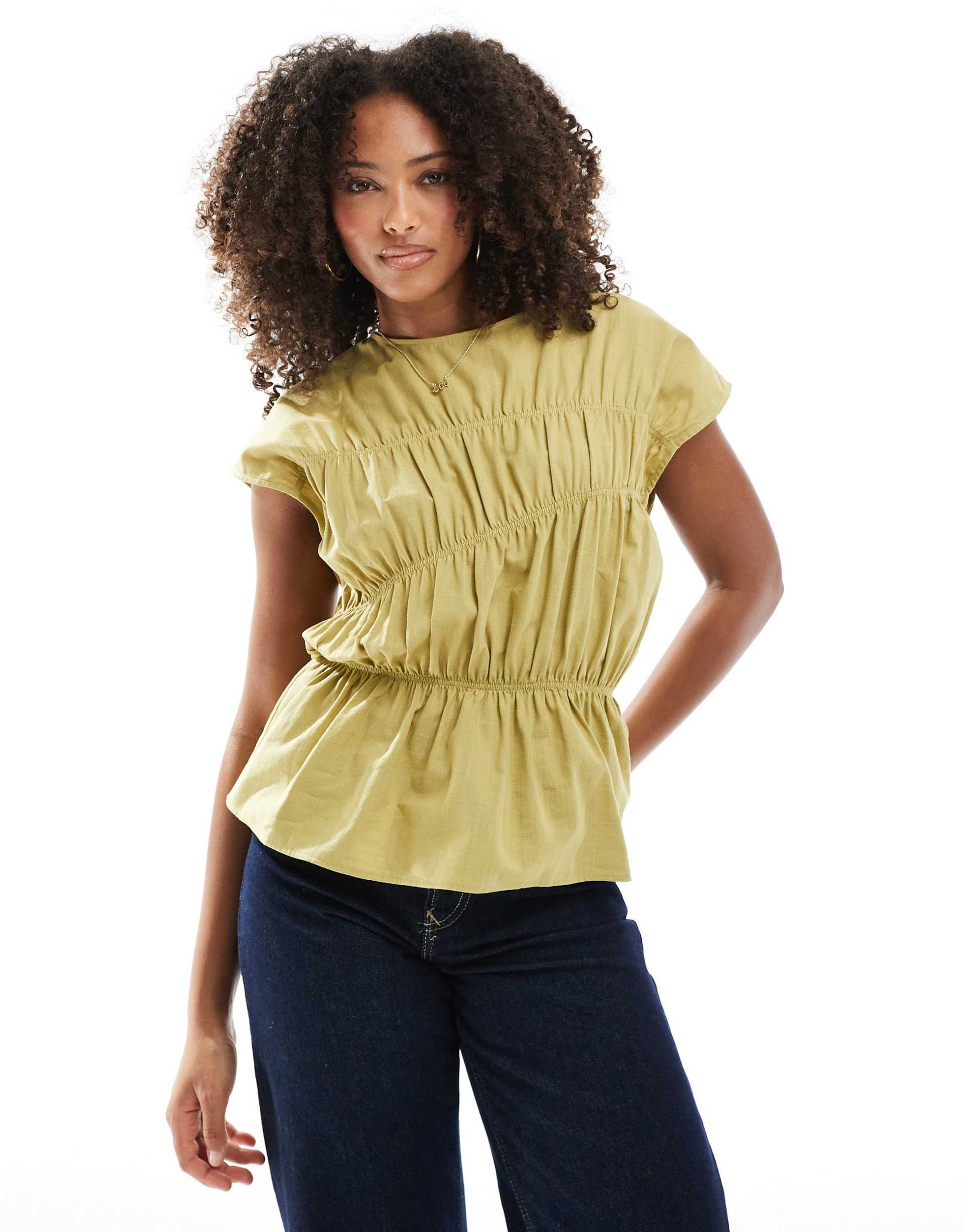 asos design ruched piping detail sleeveless top in khaki green